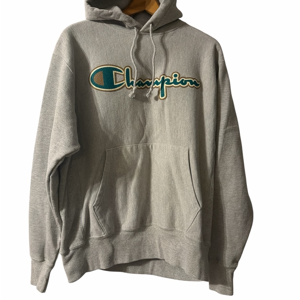Champion Reverse Weave Gray Logo Hoodie Medium Pullover Sweatshirt